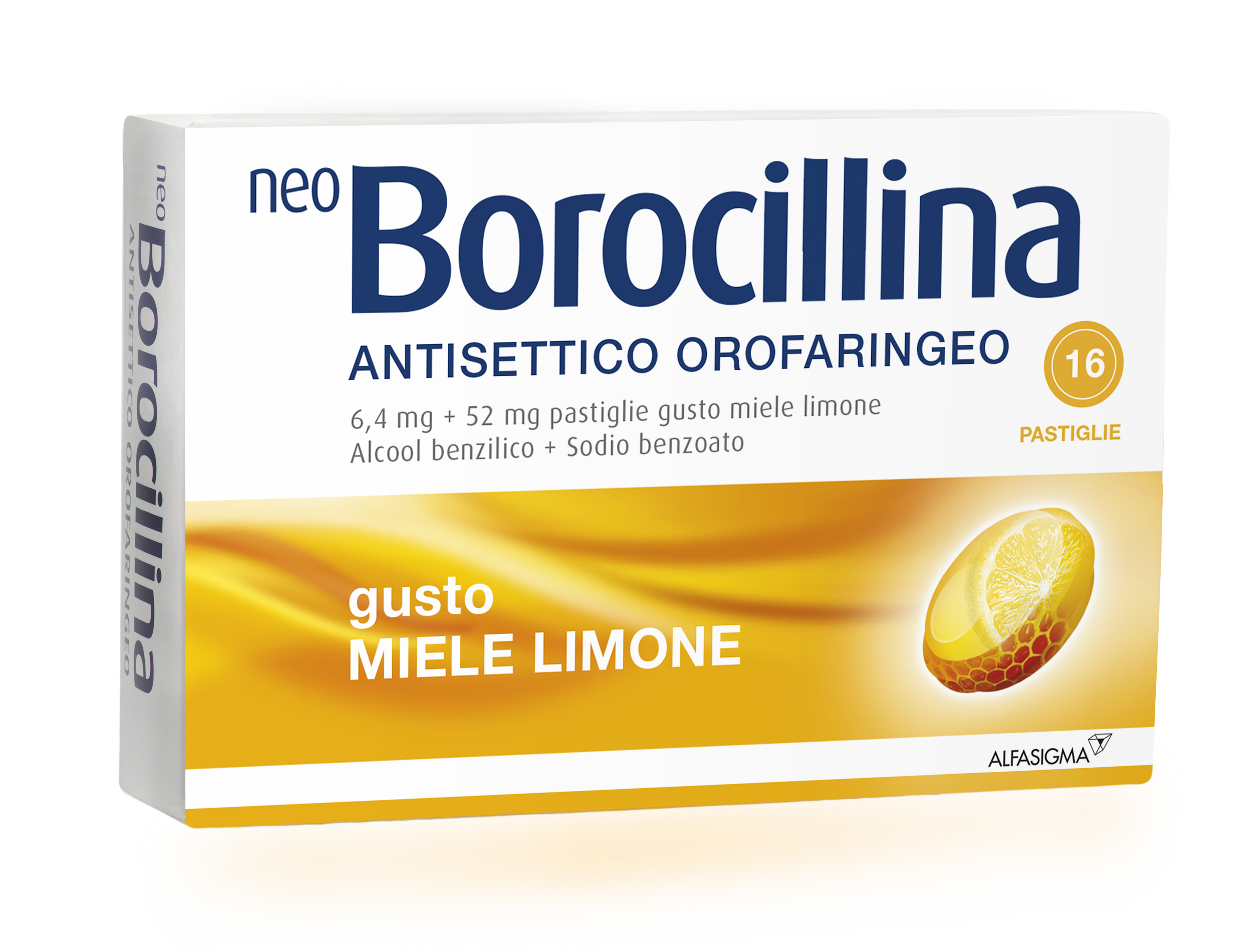Neoborocillina ant or 6,4 mg + 52 mg pastiglie gusto limone, 16 pastiglie in blister al/pvc