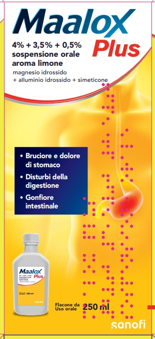 Maalox plus 4% + 3,5% + 0,5% sospensione orale aroma limone  magnesio idrossido + alluminio idrossido + simeticone