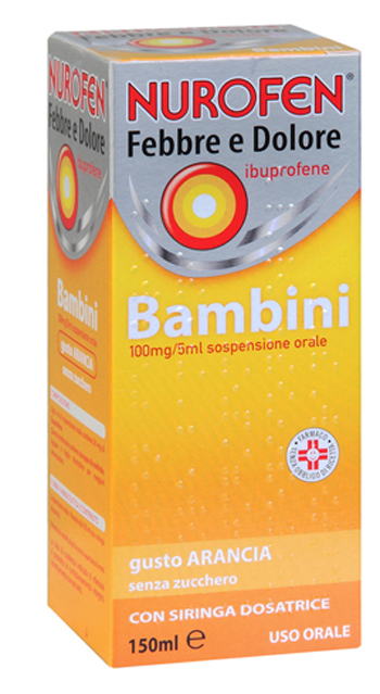 Nurofen febbre d 100 mg / 5 ml bambini sospensione orale gusto arancia senza zucchero flacone da 150 ml con siringa dosatrice