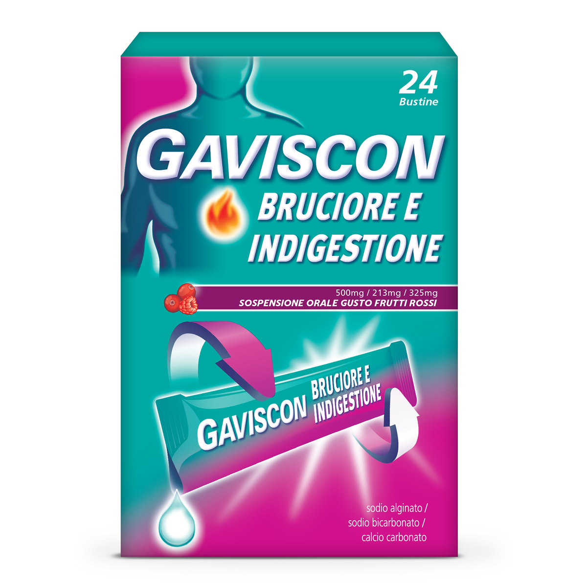 Gaviscon bruciore e indigestione sospensione orale in bustina gusto frutti rossi  sodio alginato/sodio bicarbonato/calcio carbonato