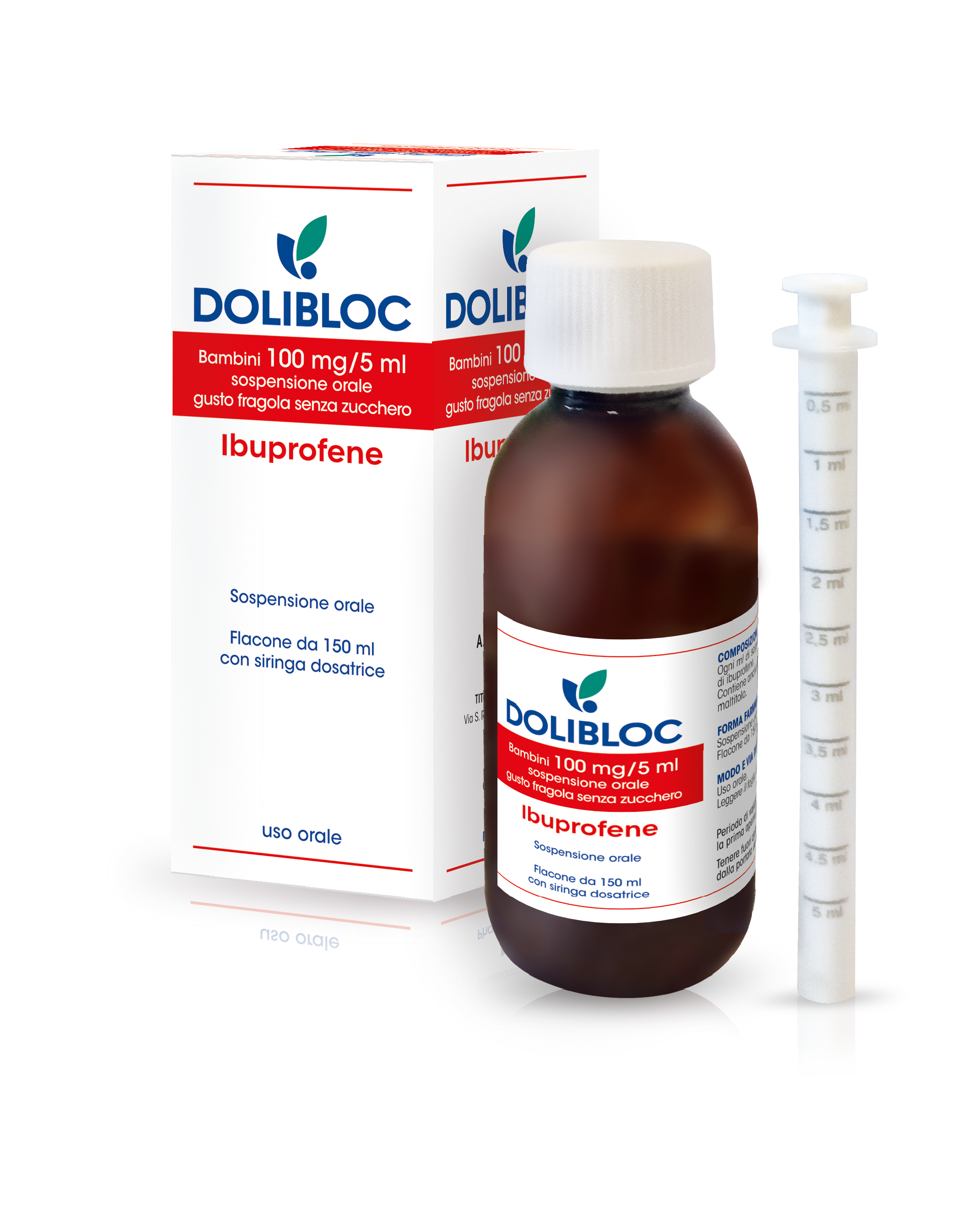 Dolibloc bambini 100mg/5ml sospensione orale gusto fragola senza zucchero 1 flacone in pet 150ml con siringa dosatrice in pe