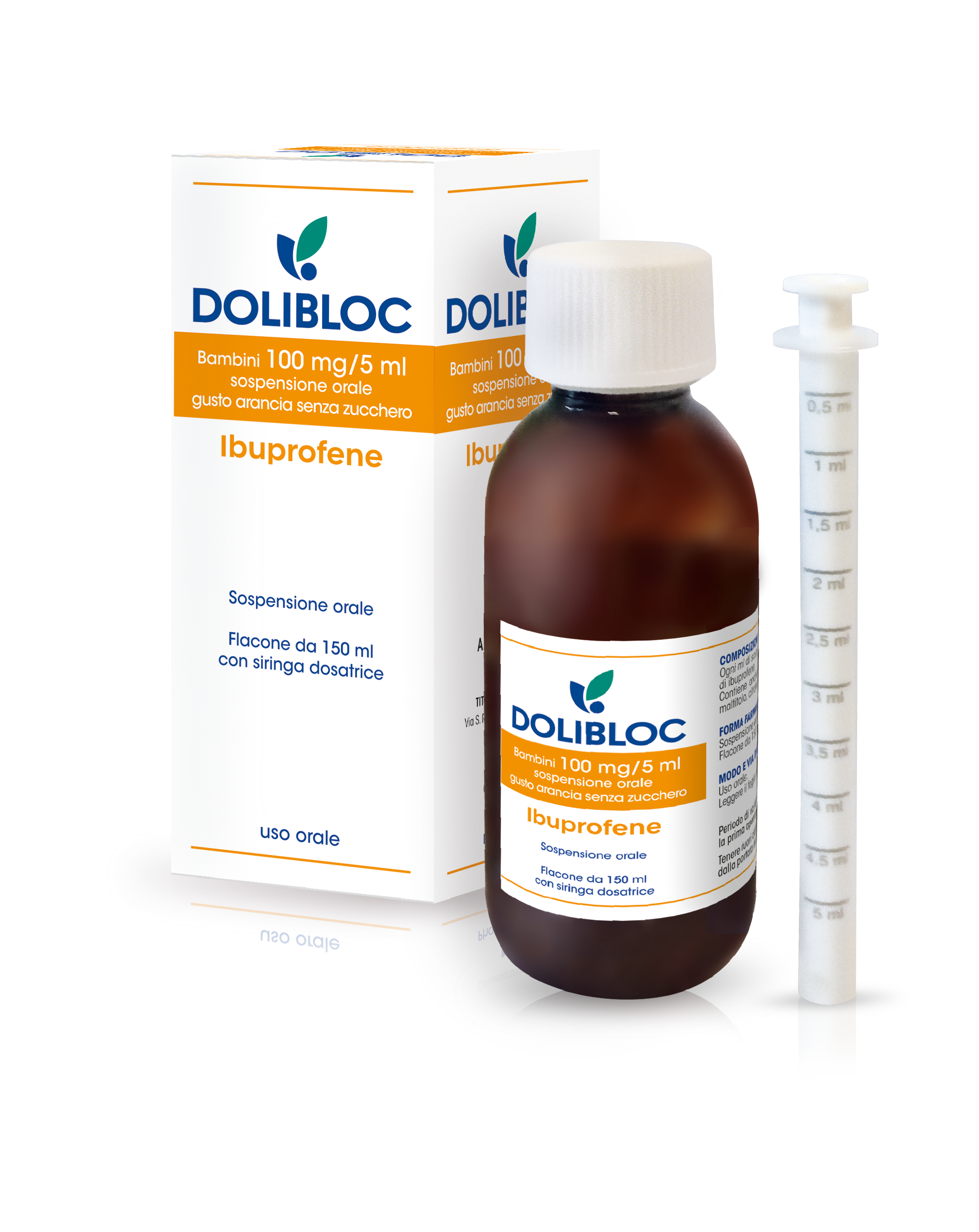 Dolibloc bambini 100 mg/5ml sospensione orale gusto arancia senza zucchero 1 flacone in pet 150ml con siringa dosatrice in pe