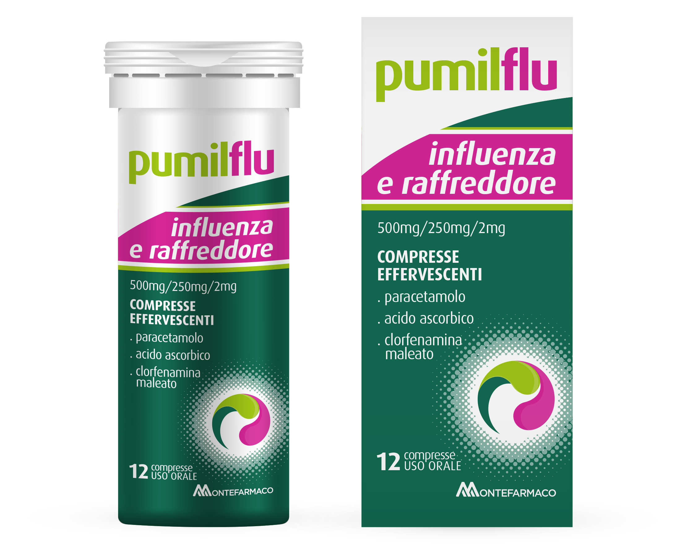 Pumilflu influenza e raffreddore 500 mg/250 mg/2 mg compresse effervescenti  paracetamolo, acido ascorbico, clorfenamina maleato