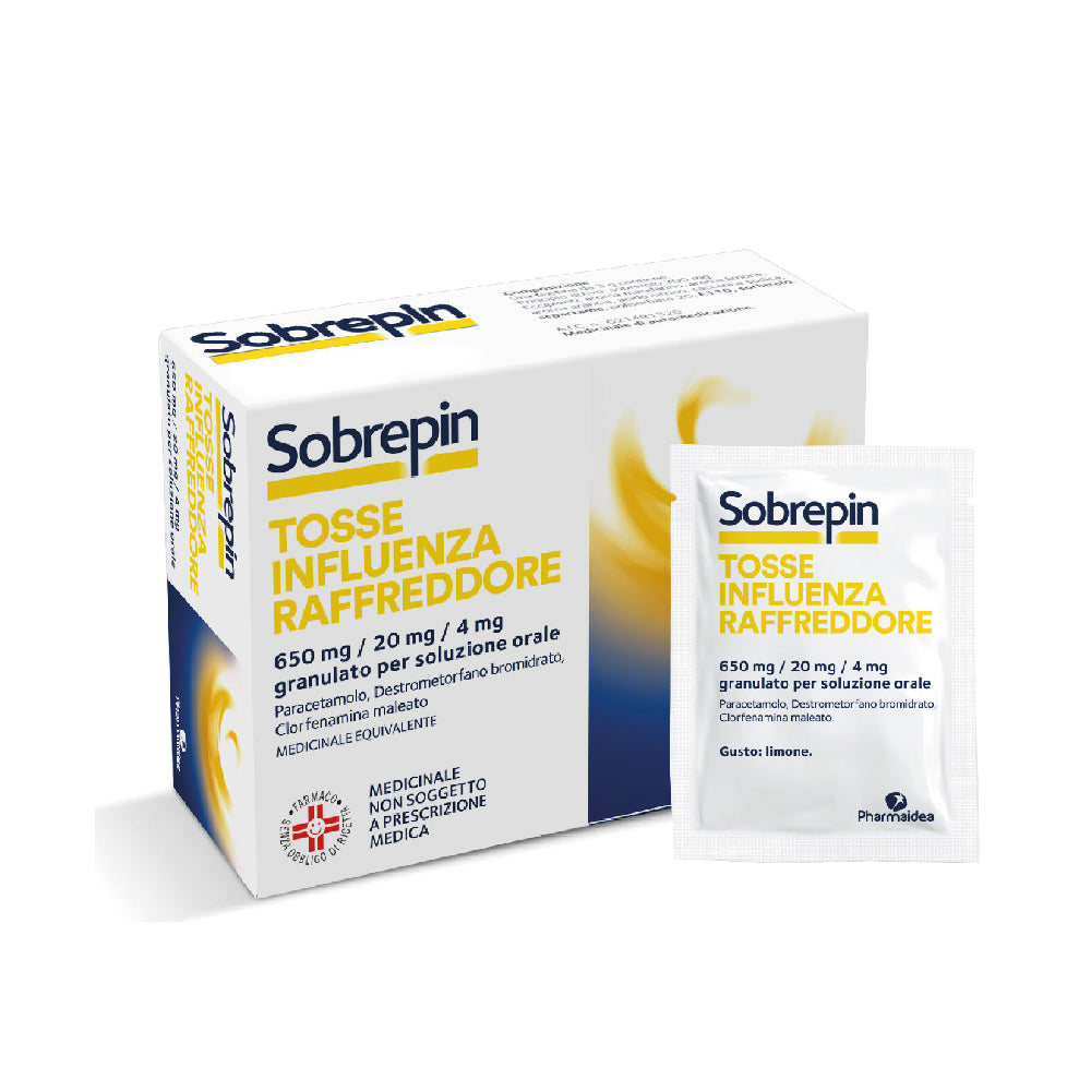 Sobrepin tosse influenza raffreddore 650 mg/20 mg/4 mg granulato per soluzione orale paracetamolo/destrometorfano bromidrato /clorfenamina maleato