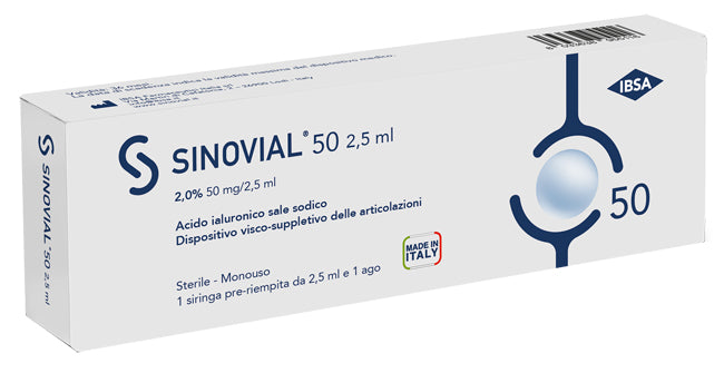 Siringa intra-articolare sinovial 50 acido ialuronico 2% 50 mg/2,5 ml 1 fs + ago gauge 21 1 pezzo