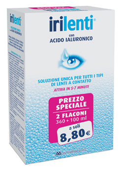 Soluzione unica per lenti a contatto irilenti con acido ialuronico 2 flaconi da 360 ml + 100 ml