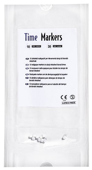 Marcatore radiopaco in granuli a base di polipropilene food grade e bario solfato fu time-markers per rilevamento tempo di transito intestinale busta da 10 cilindretti 20 pezzi