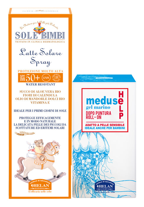 Sole bimbi latte solare spray spf50+ 100 ml + meduse help gel marino dopo puntura roll on 25 ml
