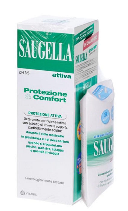 Saugella protezione&comfort bundle 1 attiva 250 ml + 3 assorbenti interni regular in omaggio + gadget stickers motivazionali
