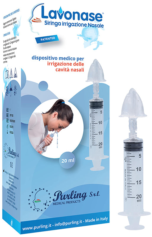 Lavonase irrigazione nasale non sterile siringa 20 ml + luer-lock con cappuccio + ugello nasale con raccordo luer-lock + perforatore con valvola non ritorno con tappo