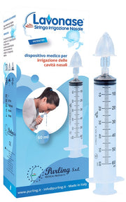Lavonase irrigazione nasale non sterile siringa 60 ml + luer-lock con cappuccio + ugello nasale con raccordo luer-lock + perforatore con valvola non ritorno con tappo