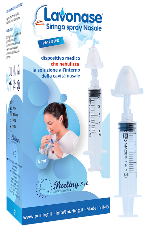 Lavonase siringa spray nasale non sterile 5 ml luer-lock con cappuccio + ugello nasale con raccordo luer-lock + perforatore con valvola non ritorno con tappo