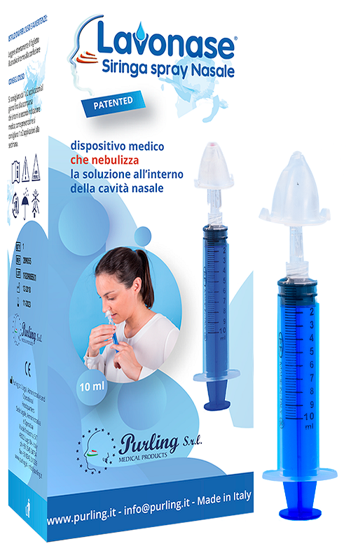 Lavonase siringa spray nasale non sterile 10 ml luer-lock con cappuccio + ugello nasale con raccordo luer-lock + perforatore con valvola non ritorno con tappo