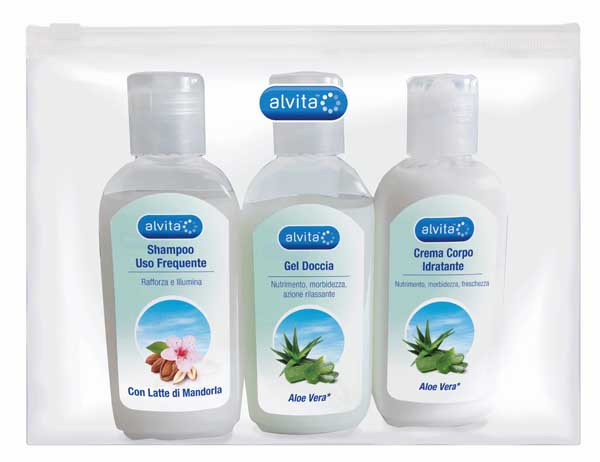 Alvita kit viaggio body care 1 gel doccia aloe vera 75 ml + 1 crema corpo idratante aloe 75 ml + 1 shampoo uso frequente 75 ml