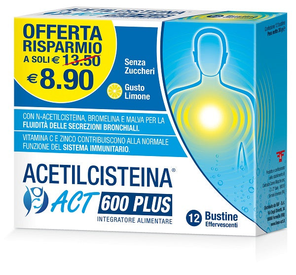 Acetilcisteina act 600 plus 12 bustine effervescenti agrumi