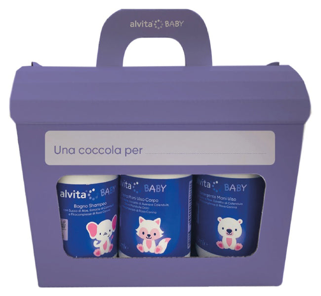 Alvita cofanetto baby 5 pezzi 1 bagno shampoo 300 ml + 1 crema viso corpo 300 ml + 1 detergente mani viso 300 ml + 1 pasta ossido zinco 100 ml + salviette pure water 60 pezzi
