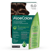 Aloecolor 5,0 castano chiaro tinta permanente capelli colore ad alta pigmentazione 50 ml + rivelatore aloeossigenata 75 ml + shampoo aloecare 15 ml + guanti