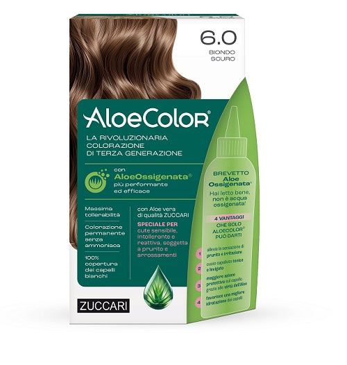 Aloecolor 6,0 biondo scuro tinta permanente capelli colore ad alta pigmentazione 50 ml + rivelatore aloeossigenata 75 ml + shampoo aloecare 15 ml + guanti