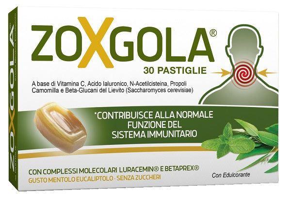 Zoxgola mentolo eucaliptolo 30 pastiglie con edulcorante senza zuccheri senza glutine naturalmente privo di lattosio