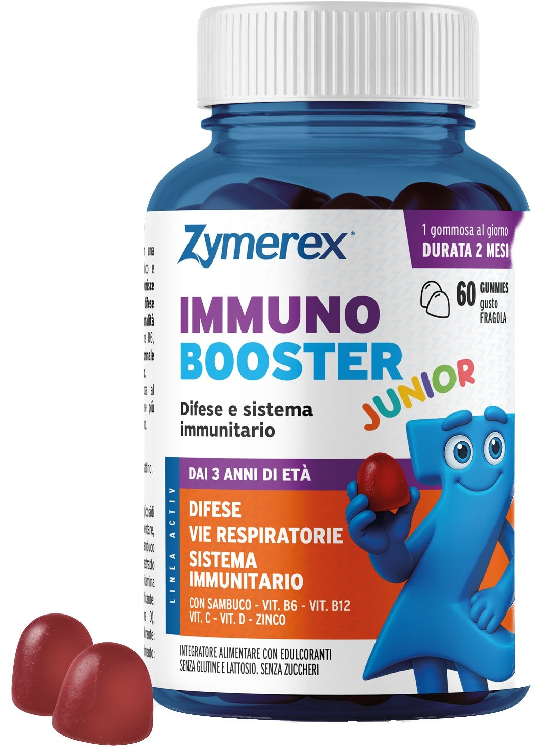 Zymerex immuno booster junior 60 gummies gusto fragola senza zuccheri con edulcoranti senza glutine senza lattosio