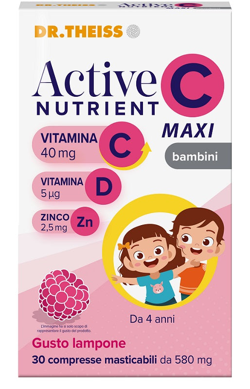 Dr theiss active nutrient c maxi bambini 30 compresse masticabili 500 mg gusto lampone con edulcoranti